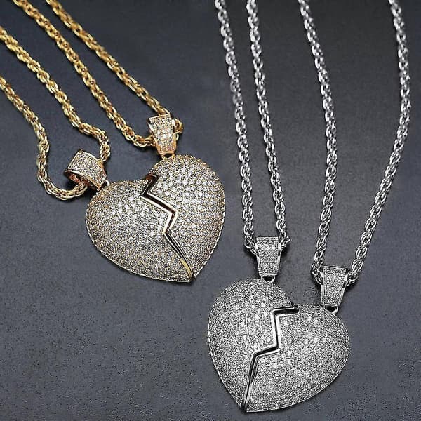 2-i-1 Hjärta Patchwork Halsband Hip Hop Stil Hänge Herr- och Damaccessoarer (Guld Silver Patchwork Par)