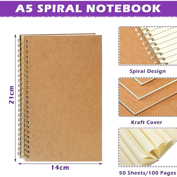 5-pack A5 tomma spiralbundna anteckningsböcker 100 sidor/ 50 blad