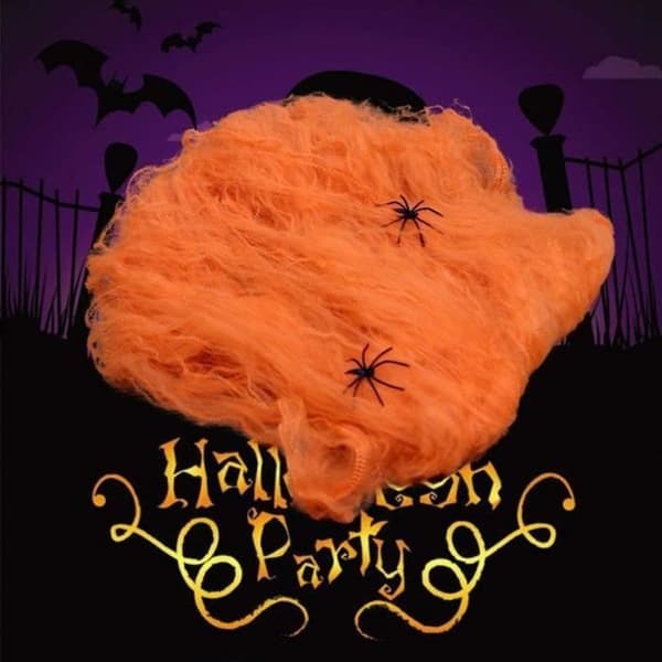 Oransje Halloween Spindelvev Dekorasjon - WINLLINEE - 100g - 10 Plast Edderkopper hvit XXS