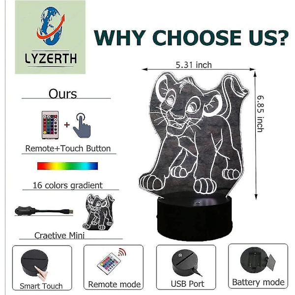 Tegneserie Simba Løve Kongen 3D LED Børne Natlys Flerfarvet USB Opladning Dyr Bord Optisk Illusion Lampe Soveværelse Dekoration