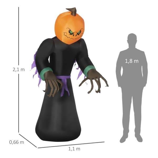 210 cm oppustelig græskarspøgelse Halloween LED, gyserdekoration sort orange