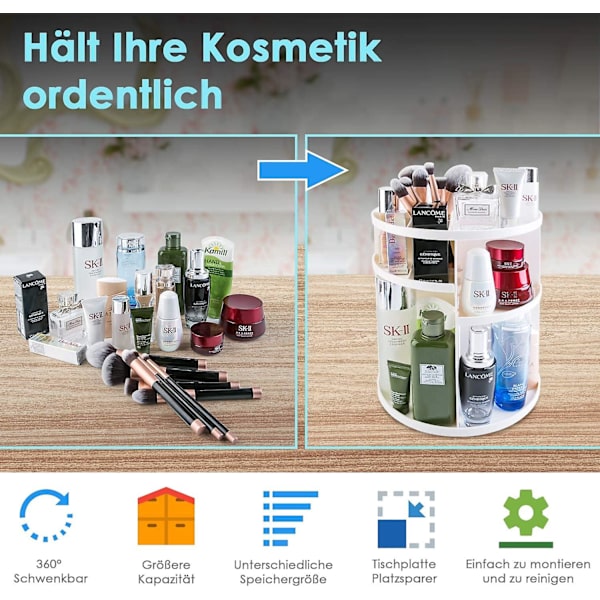 360 astetta pyörivä meikkiteline - Kosmetiikkateline kaikille meikkitarvikkeille kylpyhuoneeseen ja makuuhuoneeseen