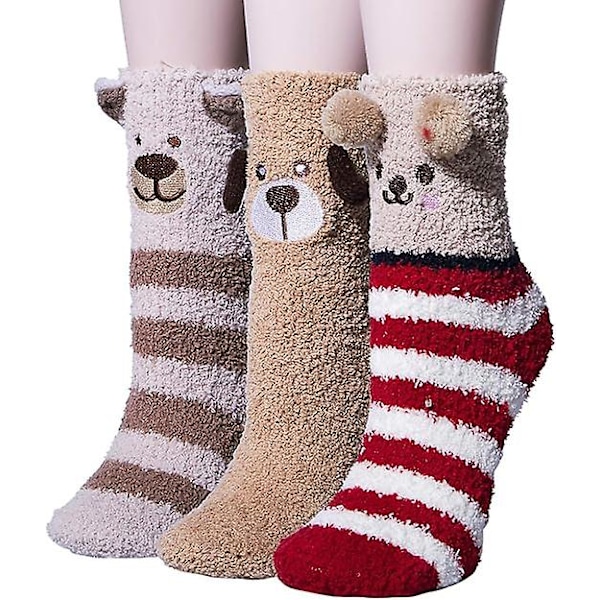 3 par kvinners fuzzy sokker vinter varm fluffy myk tøffel hjem sovende søte dyresokker-bjørn+hund+murmeldyr/Størrelse: En størrelse