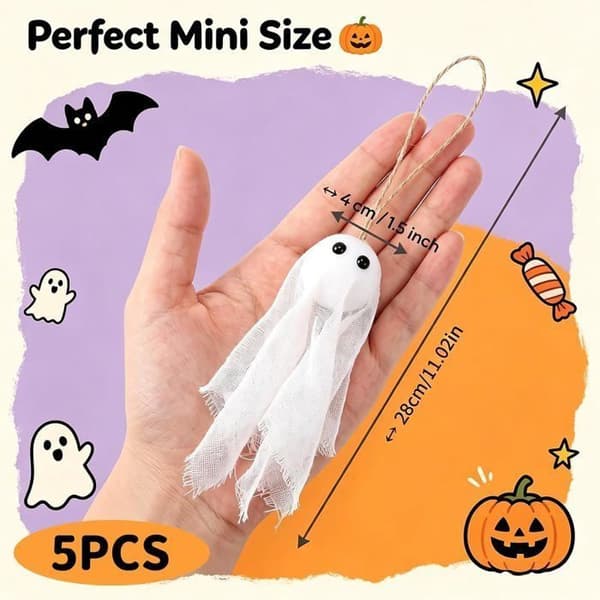 Halloween Spökdekoration - WINLLINEE - 5-pack - Varmt LED-ljus - 45 cm - Polyester - Vit
