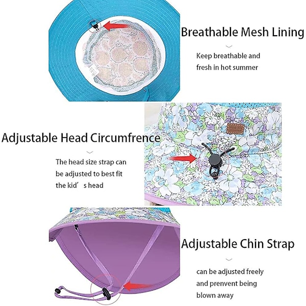 Lasten kesäinen leveälierinen säädettävä anti-uv 50+ aurinkolakki litteällä suojuksella