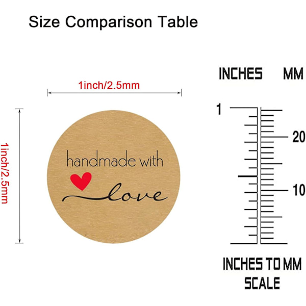 Dww-500 stykker Kraft-papir klistremerker (rød) Håndlaget kjærlighetsetikett klistremerke klistremerkerull for bakverk, gaveposer, bryllup, Thanksgiving（style1）