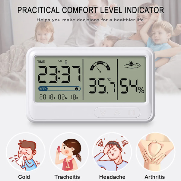 Bekväm temperatur- och luftfuktighetsklocka digital hygrometer inomhustermometer luftfuktighetsövervakning kalender LCD-skärm smart hem