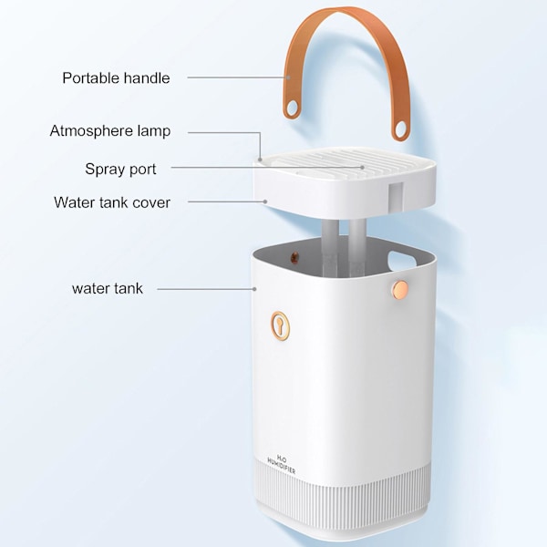 Luftfukter for soverom USB luftfukter Stor kapasitet 3,3L Husholdning innendørs hydrering Dobbel spray (hvit)