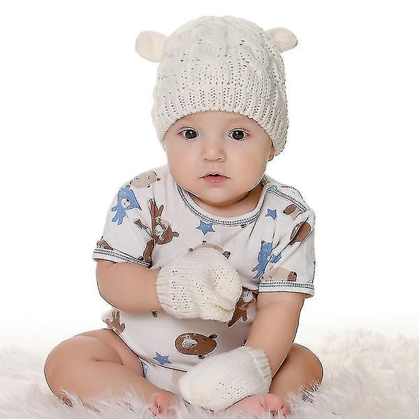 Varma Pom Pom-mössa och vantar, babyhattar och vantar set barn stickad mössa vinter（S）