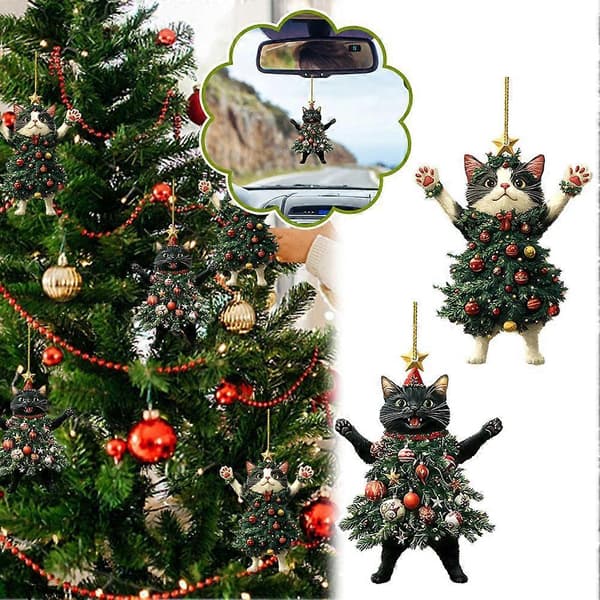 2D flad kat iført juletræsnederdel, hængende pynt til juletræet Black