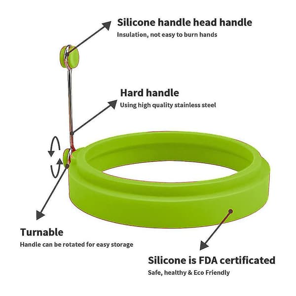 6 stk. silikon eggring, eggringer non-stick, egg koke ringer, stekt egg form eller pannekake ringer nonstick form ring rund (grønn)