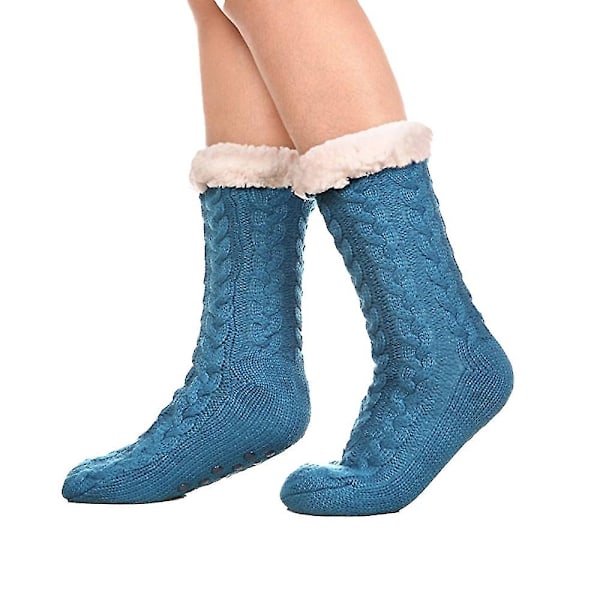 Dame Sokker Myke Varme Koselige Fuzzy Fleece-fôret Med Grippers Tøffelsokker（Blå）