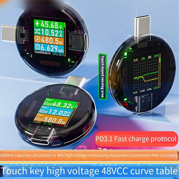 48V USB-testare Typ-C PD-detektor Digital spänningsmätare Powerbank kapacitetsmätare Amperedetektor (svart)
