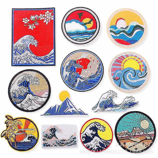 Dww-12 Large Size Iron On Sewing Patches, Shinagawa Big Waves, Decorative Embroidery Patches, Decal Sets, Repair Patches