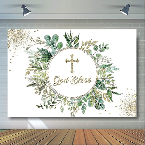 Grön "God Bless" Bakgrund för Dop eller Första Högmässa, Eukalyptusgröna Blad och Gyllene Glitter för Könsneutralt Barndusch