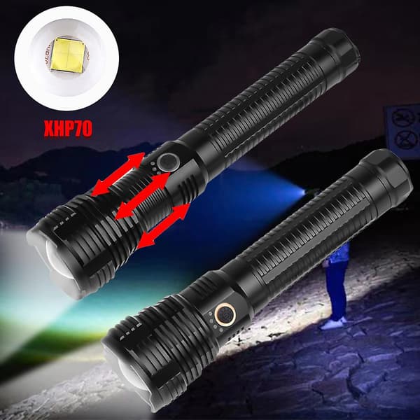 Tehokas LED-taskulamppu XHP70, USB-lataus latausnäytöllä (A)