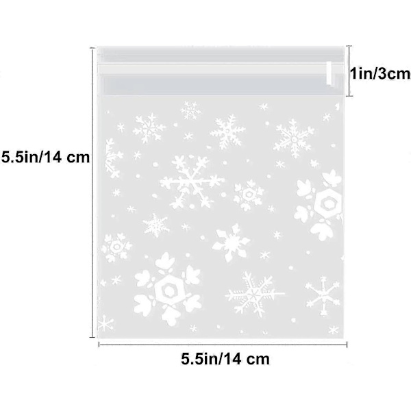 200 stycken julgodispåsar, självhäftande återförslutningsbara snöflingor godisförvaringsväska cellofan presentpåsar för julhelgfesttillbehör (5,5