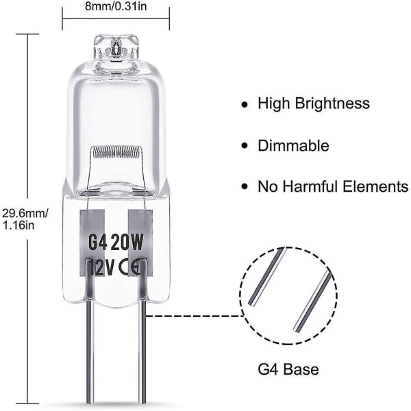 G4 halogenlampa, 12v 20w halogenbottenljus, 2800k varmvit, dimbar