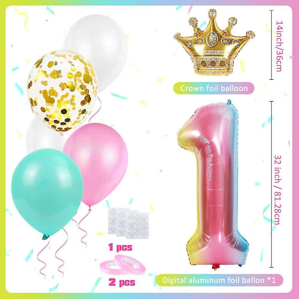Dekorationer för 1-årsdag - Regnbågsgradient Helium Ballong Nummer 1, Latexballonger