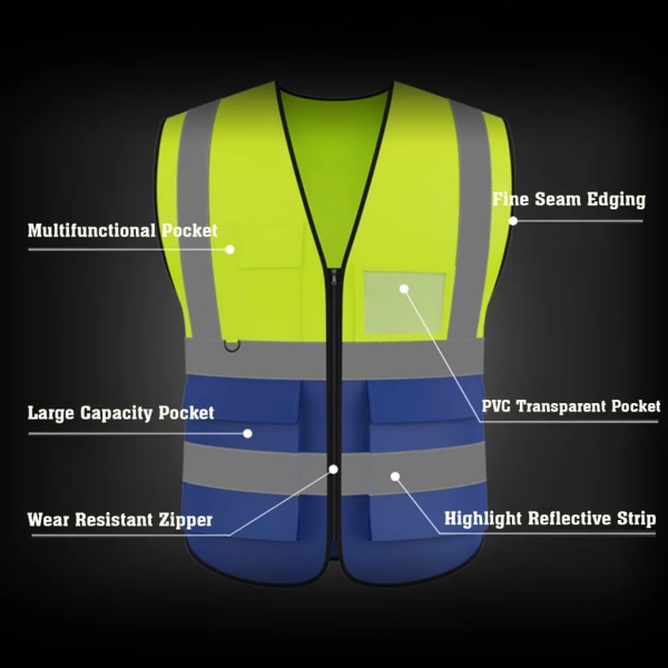 Reflexväst med hög synlighet Säkerhetsväst Arbetskläder Säkerhetsväst med dragkedja design Motorcykelkörning Varning Dag och natt Användning