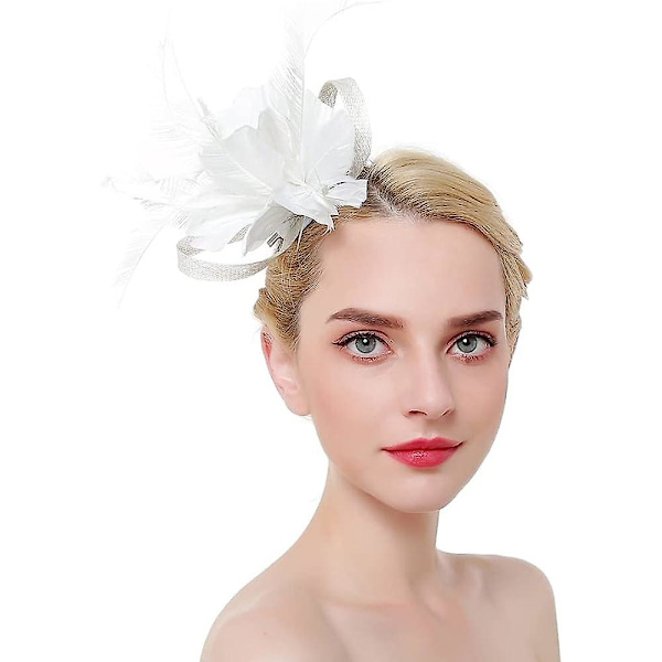 Fascinator Hat Naiset Cocktail Headwear Derby Pääpanta Ascot Hatut Sulka Mesh Verkko Verho (Valkoinen-b)