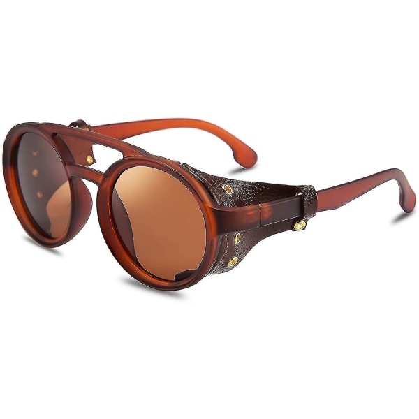 Retro runda Steampunk Solglasögon Kvinnor Män Vintage Glasögon Lätt plastbåge med läderkläder B2533