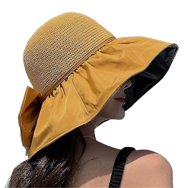 Women's Foldable Bucket Hat, Sun Protection Hats With Fashion Bow Wide Brim , Summer Uv Protection Cap Travel Outdoor Beach Visor Caps（Yellow）