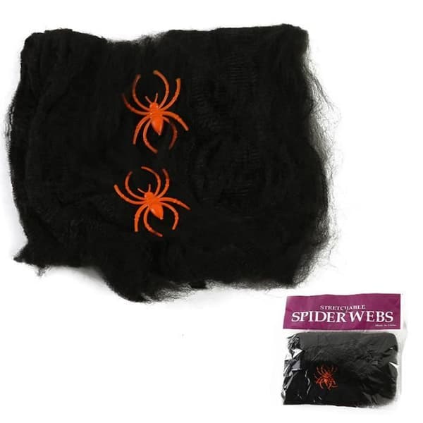 Halloween Edderkoppespind Dekoration - ANNEFLY 100g Strækbart Edderkoppespind - 10 Plastik Edderkopper - Sort