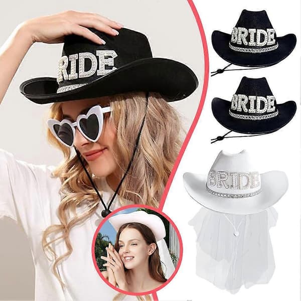 Brudeslør cowboyhat øreringe hjertebriller tredelt sæt slør cowboyhat white 2pcs
