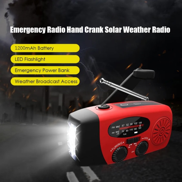 Emergency Solar Handvev 1200mAh AM FM NOAA Väderradio LED-ljus USB -laddare utomhus