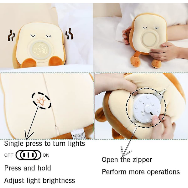 Kreativ rostat bröd plysch väckarklocka ljus, söt plysch rostat bröd barn väckarklocka ljus, Usb bekväm laddning（Toast Lamp-mimi）