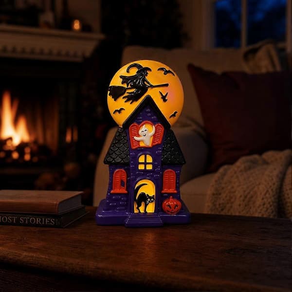 Halloween-spøkelseshus-statue i harpiks med heks og spøkelse til borddekorasjon small
