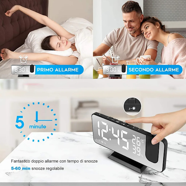 LED digital väckarklocka med 180° projektion, stor LED-display med USB-port, snooze dubbelalarm, 4 projektionsljusstyrkor med automatisk dimmer