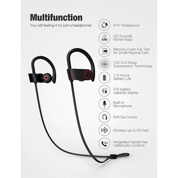 Bluetooth-kuulokkeet Langattomat nappikuulokkeet IPX7 Urheilukuulokkeet Musta