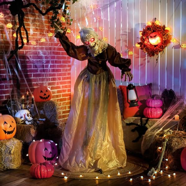 Halloween heksedekorasjon 150 cm med LED-lys, lydfunksjon, justerbare armer og hode