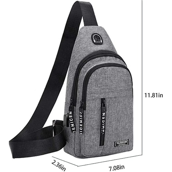 Sling-laukku, crossbody-reppu, jossa USB-reikä ja kuulokeliitäntä, minikokoinen olkalaukku, rintalaukku matkustamiseen, patikointiin (harmaa)