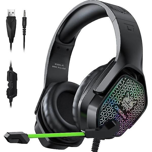Gaming Headset med mikrofon Støjreduktion Rgb Kablet Hovedtelefon til computer Ps4 Xbox One（SORT）