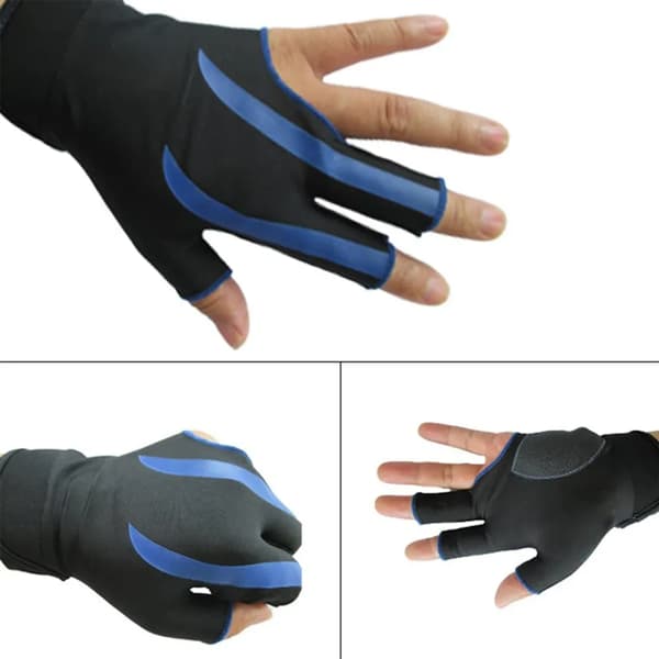 3-Finger Biljardhandskar, halkfria, slitstarka elastiska poolhandskar, vänster hand blå rand