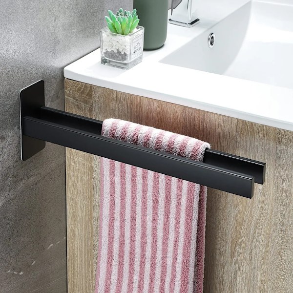 Dobbelt håndklædeholder, 39cm rustfrit stål håndklædeholder uden boring, til køkken badeværelse, sort