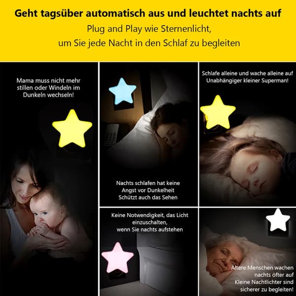 Natlys LED stjernenatlys, lyssensitiv, til stikkontakter, stjerner, stjerneform, 4-pak