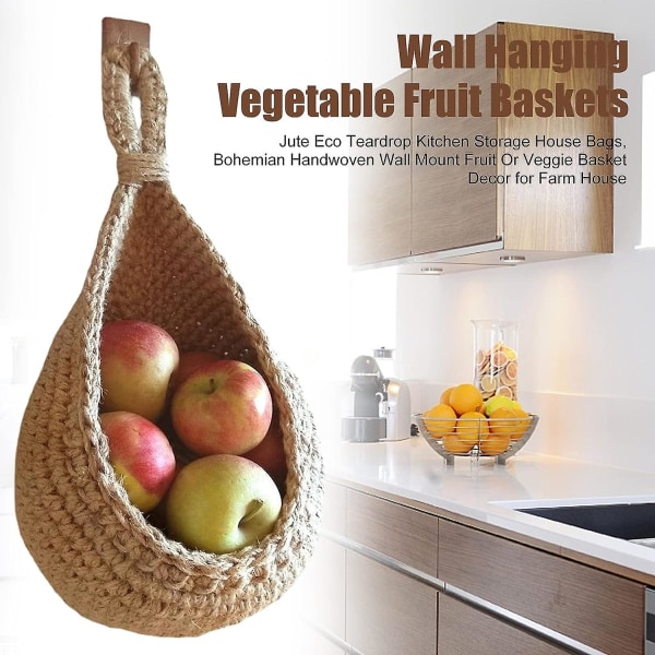 Vägghängande frukt- och grönsakskorg (18*17,5*22,5 cm), droppform av jute handvävd frukt- eller grönsakskorg, hängande förvaringskorg för kök