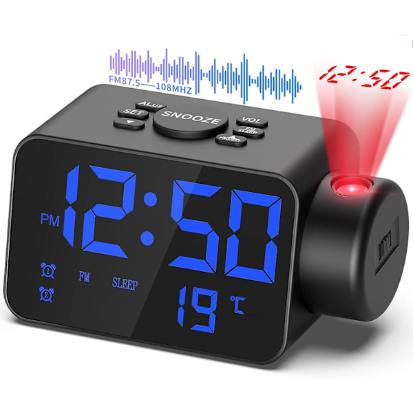 Takprojektionsklockradio, FM-väckarklocka med takprojektor, temperaturvisning, dubbla USB