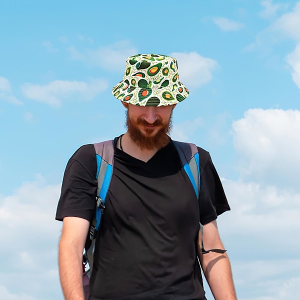 Udvidet og bredbremmet fiskerhat med trendy print - Bucket Hat til udendørs motion eller arbejde (Avocado)