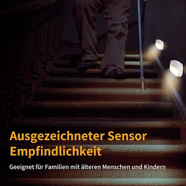 LED-nattlampa med rörelsesensor, 4 st varmvita batteridrivna lampor, 2 ljuslägen, automatisk på/av-sensorlampa för hall, trappa, sovrum
