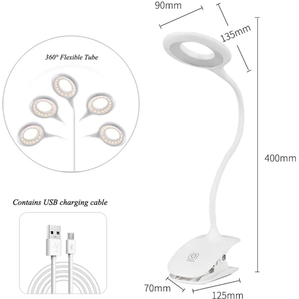 LED Klämlampa, Sängbordslampa med Touchsensor och 360° Flexibel Svanhals, USB Uppladdningsbar för Läsning