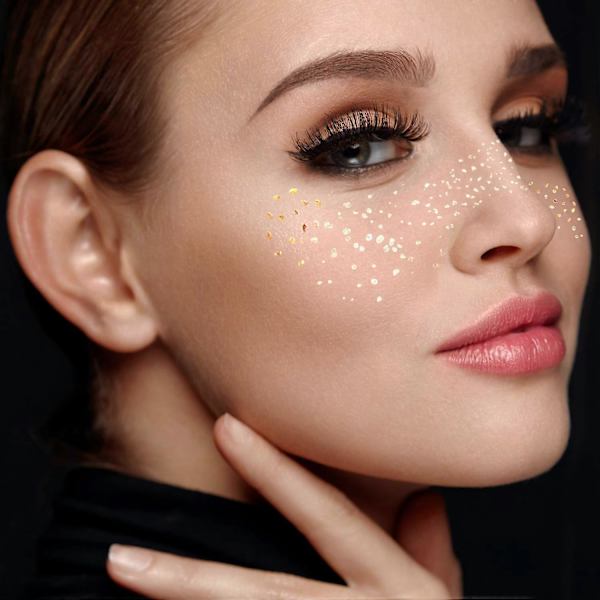 Ansikts Tatuering Dekal Metallic Glansig Tillfällig Vattenöverföring Tatuering för Professionell Makeup Dansare Kostymfester, Shower Guld Glitter