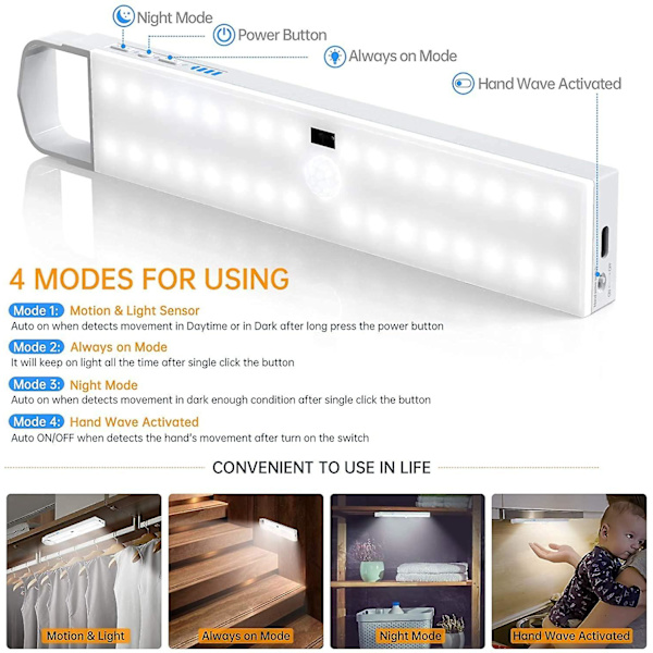 Led-skåpsbelysning med rörelsesensor, uppladdningsbart 2000mah batteri