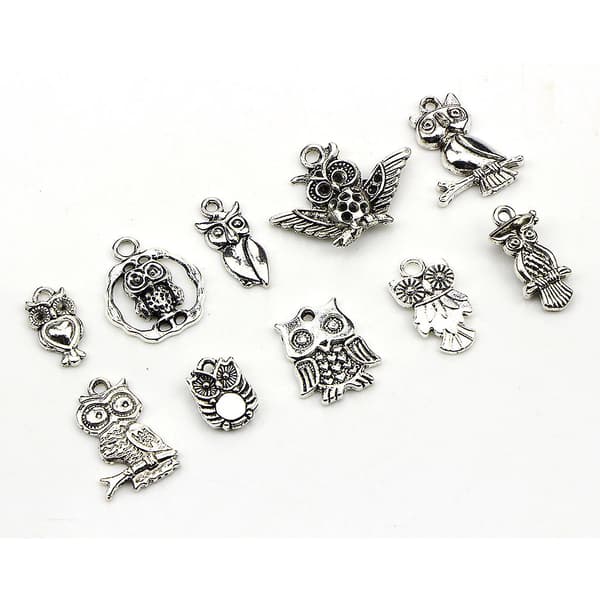 30 stk/sett Dyr Lucky Dangle anheng Antikk sølv Ugle Charms For Smykker