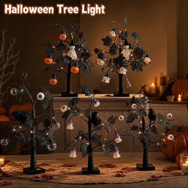 Halloween-dekorasjon med lysende greiner, LED-tre til bordet, plast og tre, justerbart D
