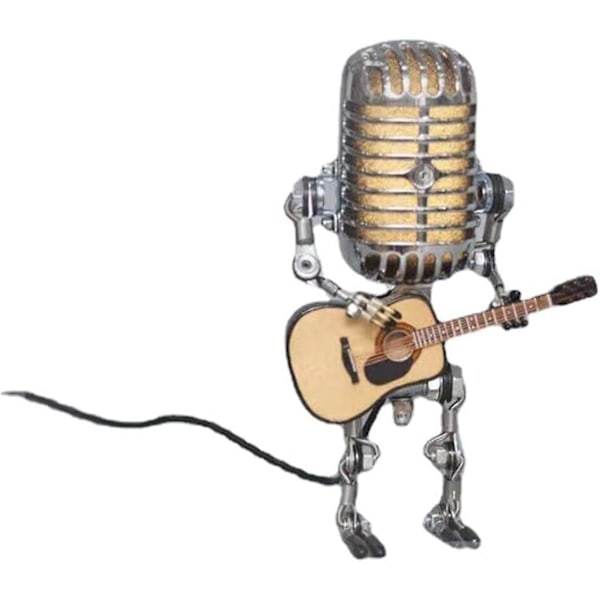2024, Vintage Mikrofon Robot Bordlampe Robot Skrivebordslampe med Gitar, Retro Robot Touch Dimmer